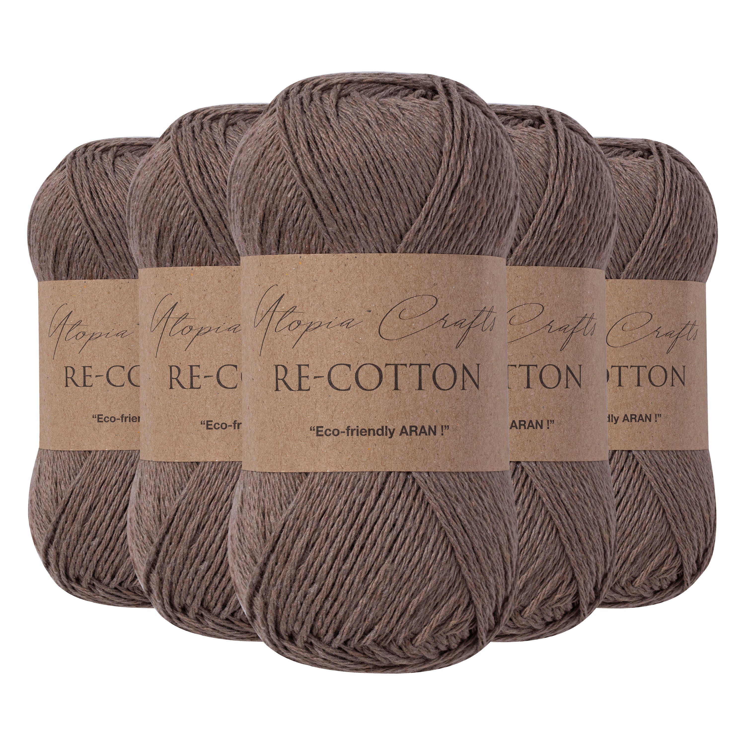 Utopia Crafts Re-Cotton Knitting Yarn, 5x 100g [Roman Coffee]